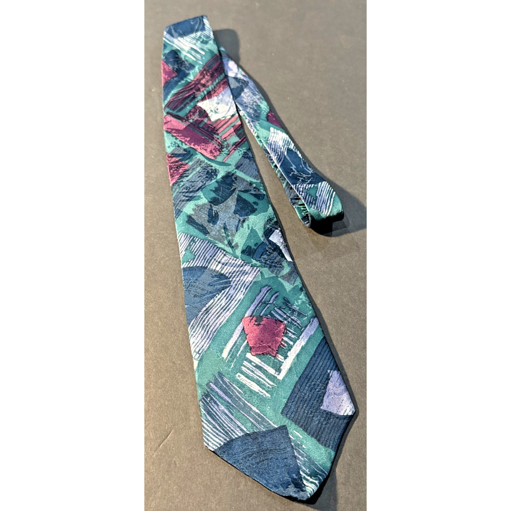 Leonardo 100% Silk Necktie Made In The USA Geometric Abstract Green Blue Maroon‎